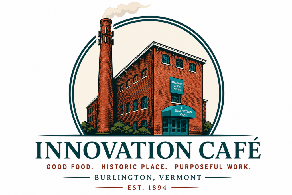 Innovation Café logo featuring the historic brick mill building and smokestack in Burlington, Vermont