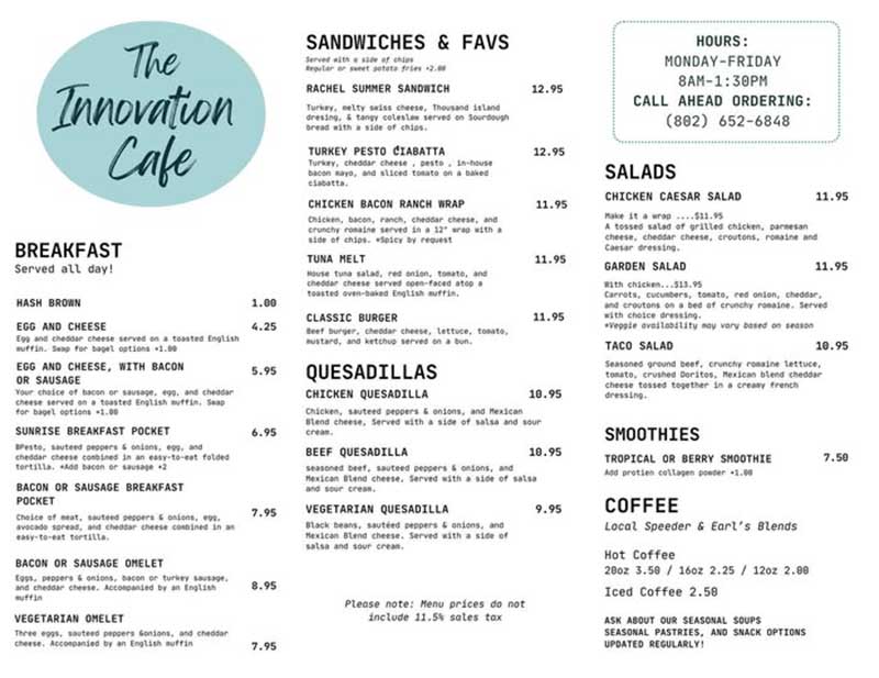 Innovation Café menu