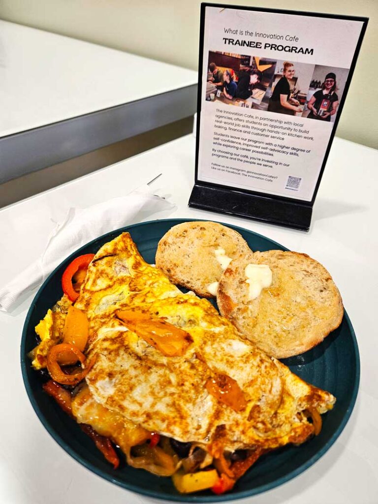 Vegetarian omelet served at the Innovation Café in Burlington, Vermont
